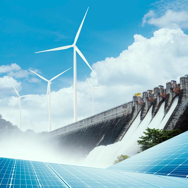 solar panels, hydro electric dam, wind turbine